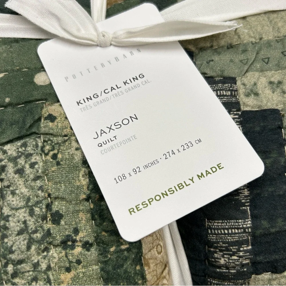 Pottery Barn Jaxson Quilt Patchwork Green Cream Reversible King / California NWT